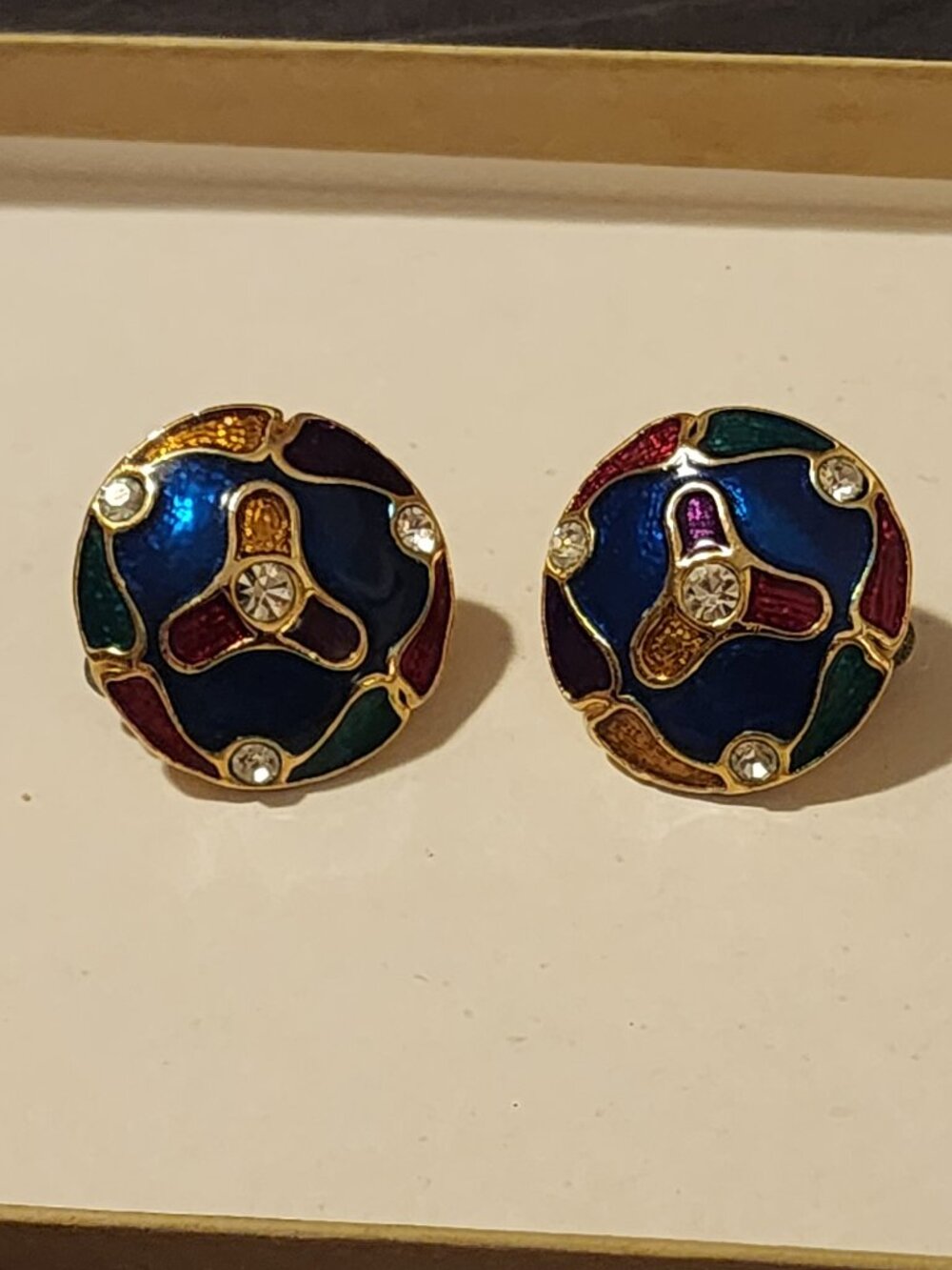 Vintage Domed Ruby/Emerald/Sapphire Enamel & Rhinestone Heavy Clip-On Earrings